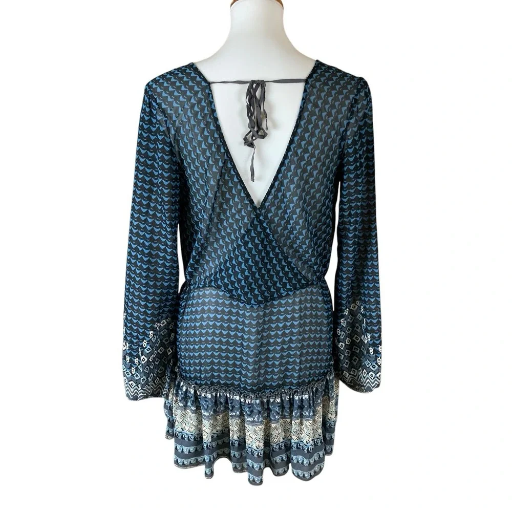 Free People Boho Elephant Print Ruffle Hem Wrap Sheer Top Small Long Sleeve Blue